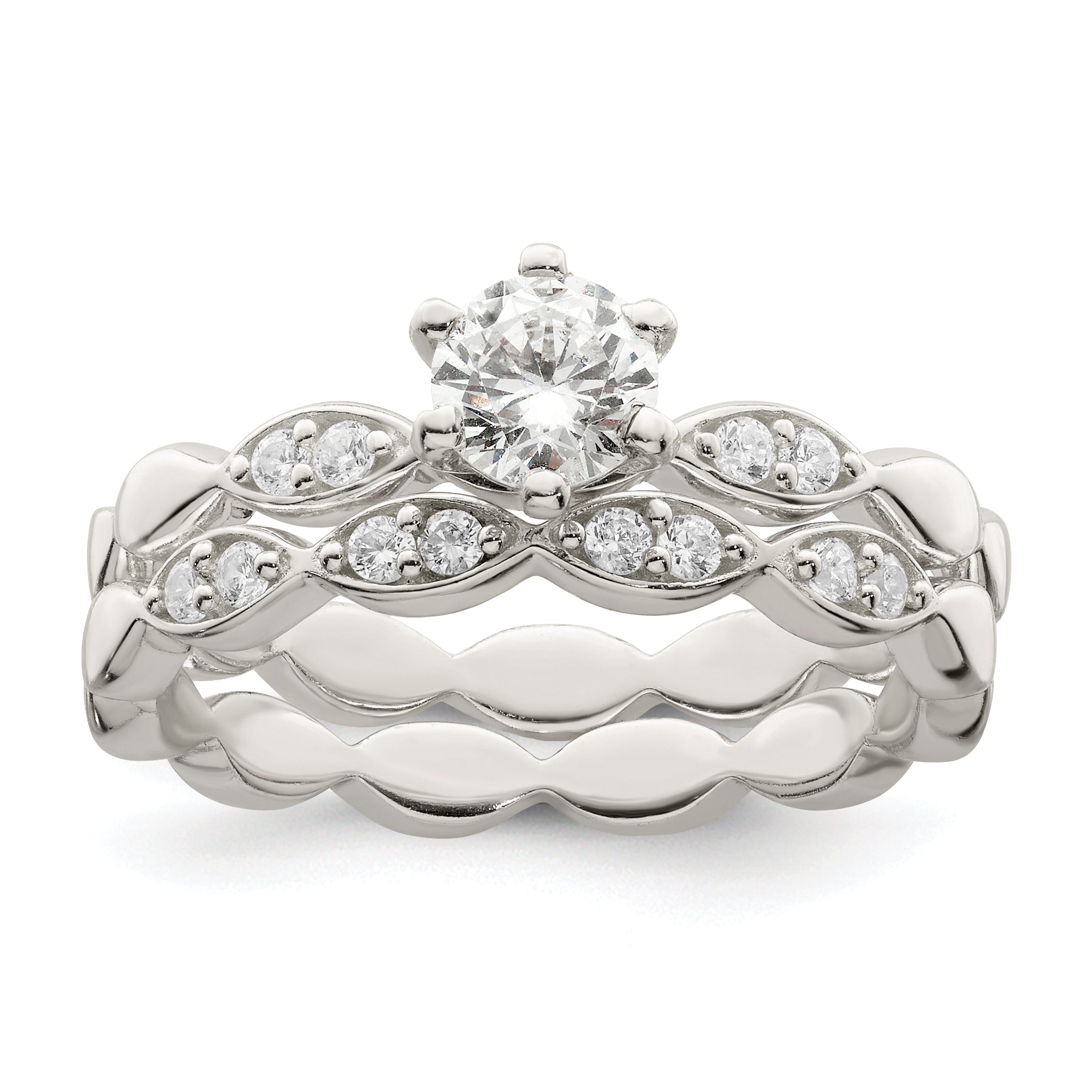 Sterling Silver Polished Cz Wedding Ring Set