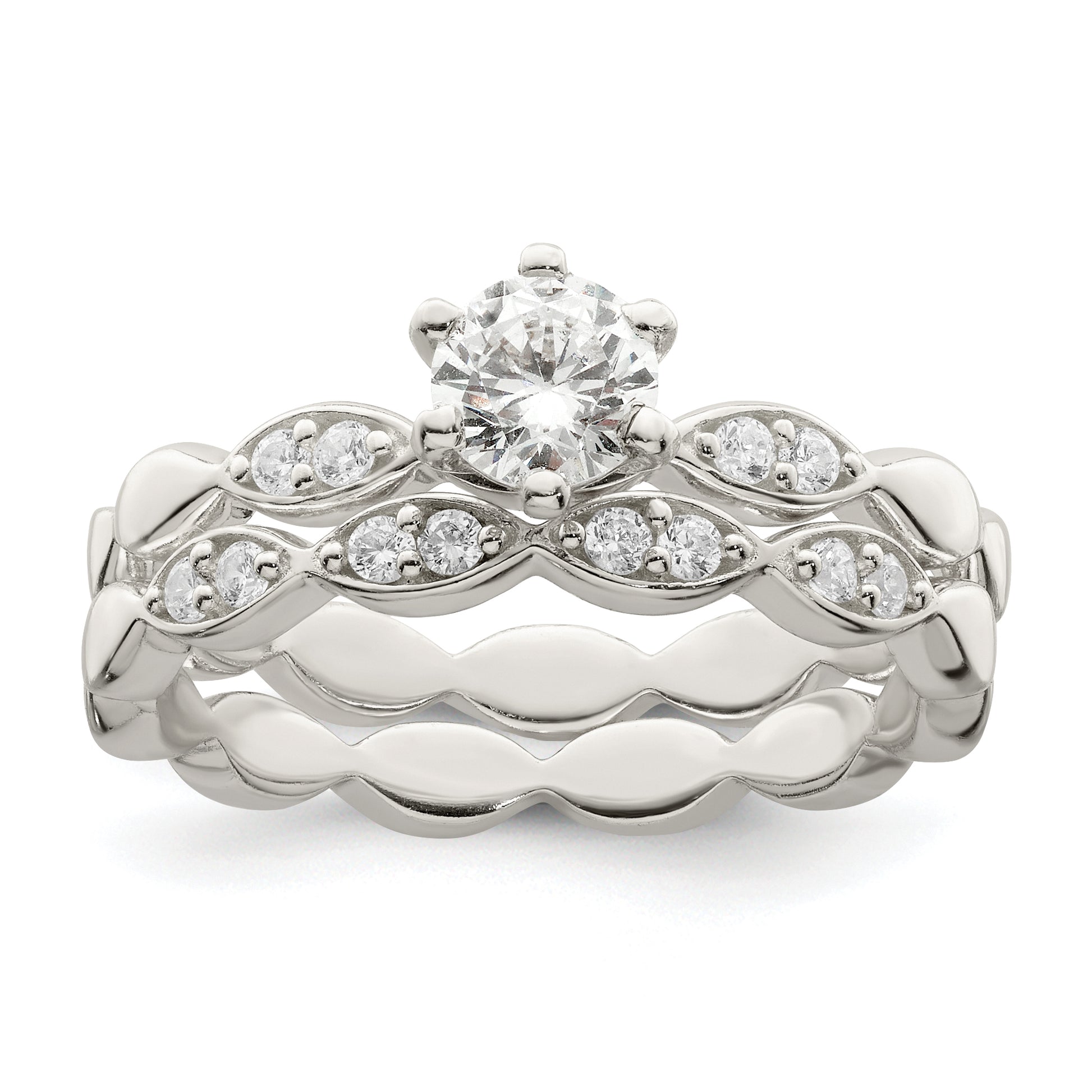 Sterling Silver Polished Cz Wedding Ring Set