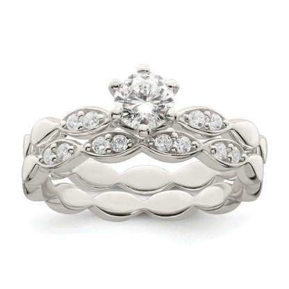Sterling Silver Polished Cz Wedding Ring Set