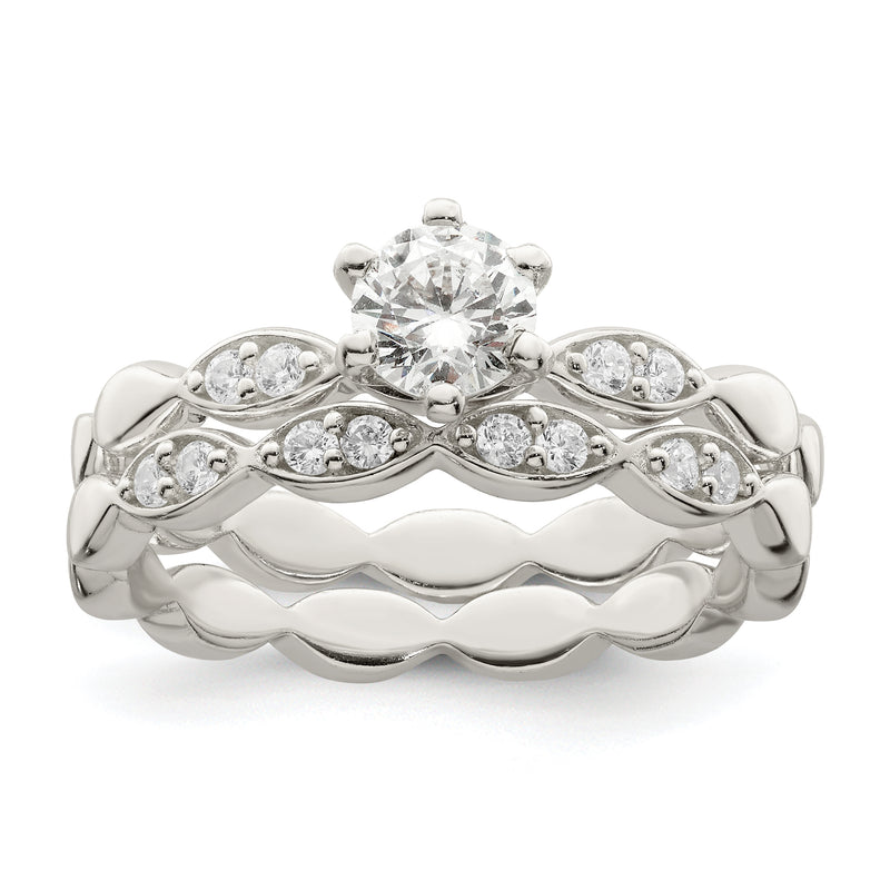 Sterling Silver Polished Cz Wedding Ring Set