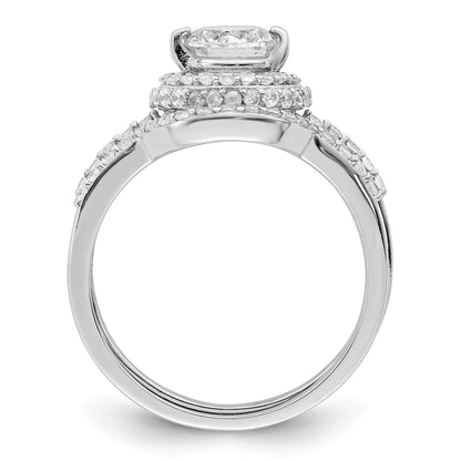 Sterling Silver Rhodium Plated Cz Halo Engagement Ring & Band Set