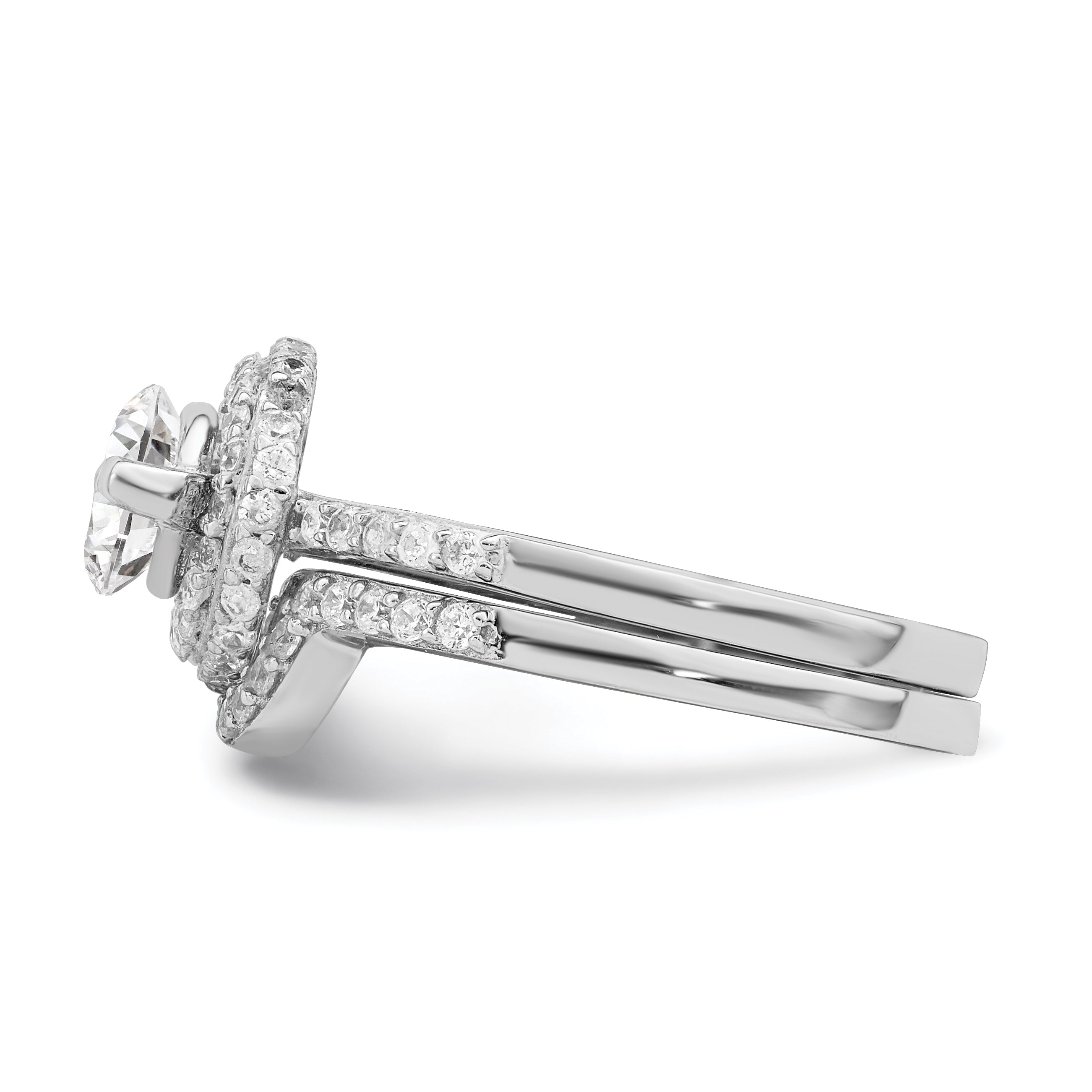 Sterling Silver Rhodium Plated Cz Halo Engagement Ring & Band Set