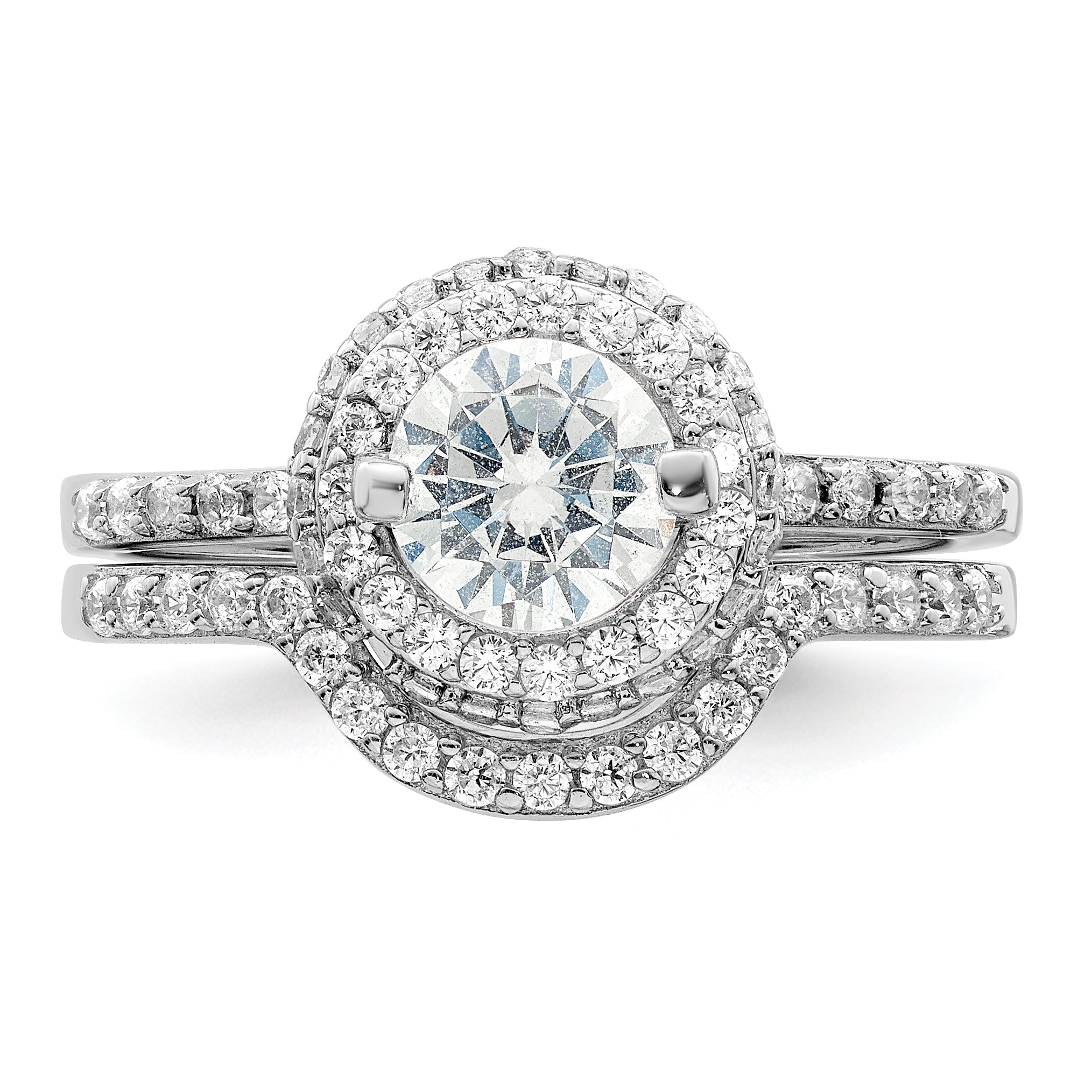 Sterling Silver Rhodium Plated Cz Halo Engagement Ring & Band Set
