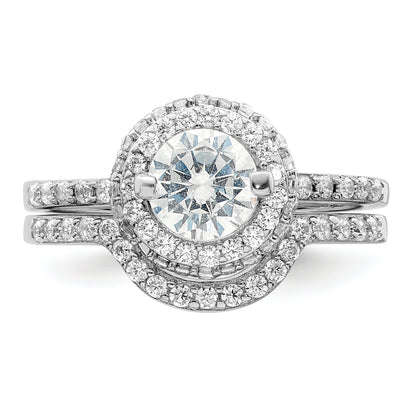 Sterling Silver Rhodium Plated Cz Halo Engagement Ring & Band Set
