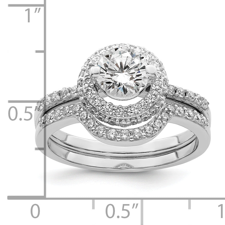 Sterling Silver Rhodium Plated Cz Halo Engagement Ring & Band Set