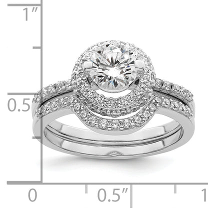 Sterling Silver Rhodium Plated Cz Halo Engagement Ring & Band Set