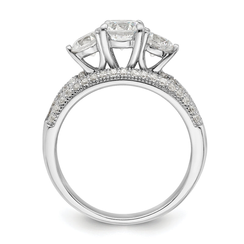 Sterling Silver Rhodium Plated Cz 3 Stone Pave Band Engagement Ring Set