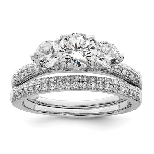 Sterling Silver Rhodium Plated Cz 3 Stone Pave Band Engagement Ring Set