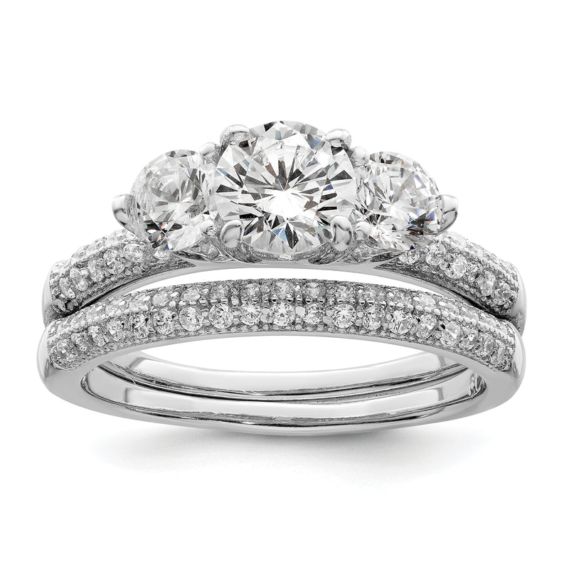 Sterling Silver Rhodium Plated Cz 3 Stone Pave Band Engagement Ring Set