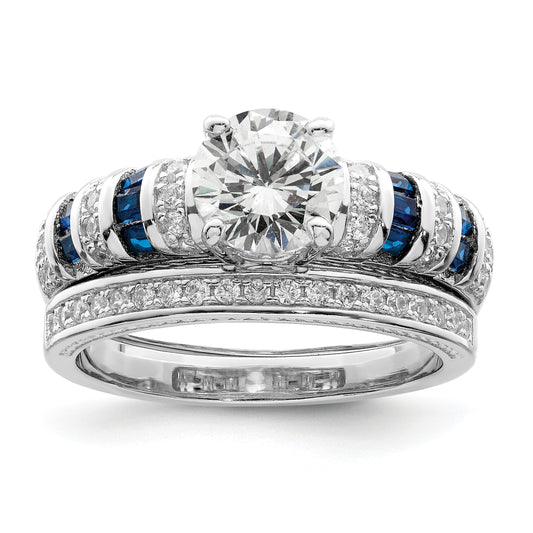 Sterling Silver Rhodium Plated Polished Blue & White Cz Engagement Band R