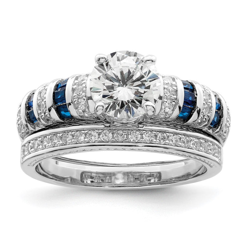 Sterling Silver Rhodium Plated Polished Blue & White Cz Engagement Band R