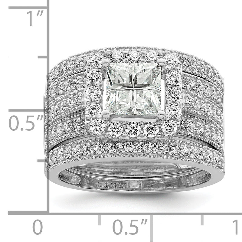Sterling Silver Rhodium Plated Cz 3 Piece Bridal Ring Set
