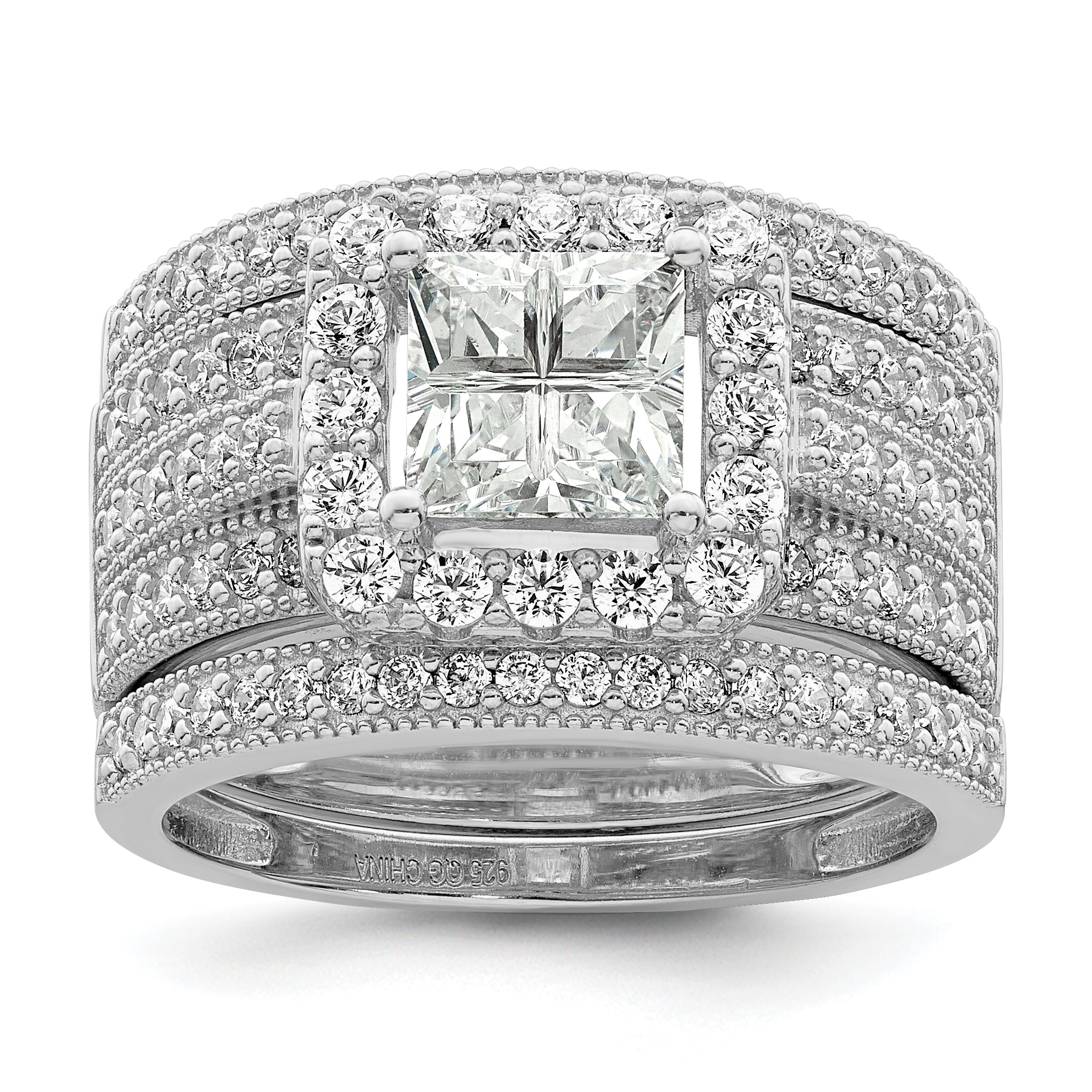 Sterling Silver Rhodium Plated Cz 3 Piece Bridal Ring Set