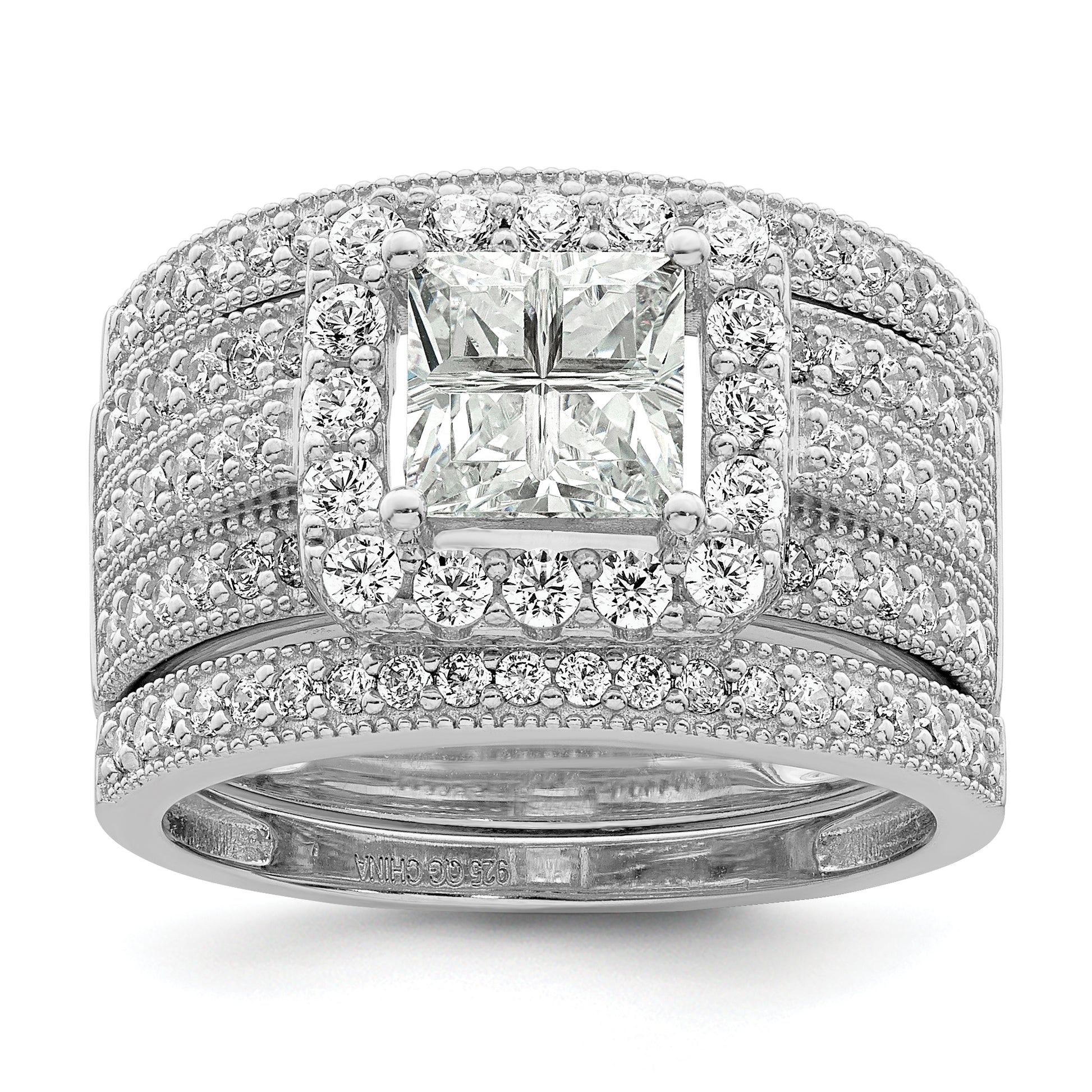 Sterling Silver Rhodium Plated Cz 3 Piece Bridal Ring Set