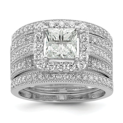 Sterling Silver Rhodium Plated Cz 3 Piece Bridal Ring Set