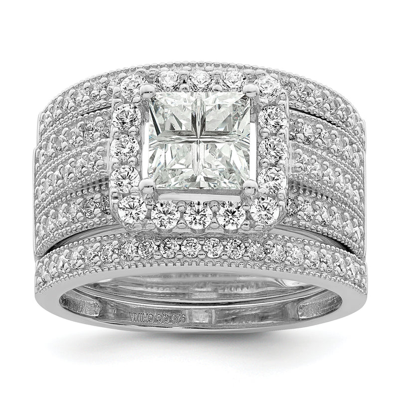 Sterling Silver Rhodium Plated Cz 3 Piece Bridal Ring Set