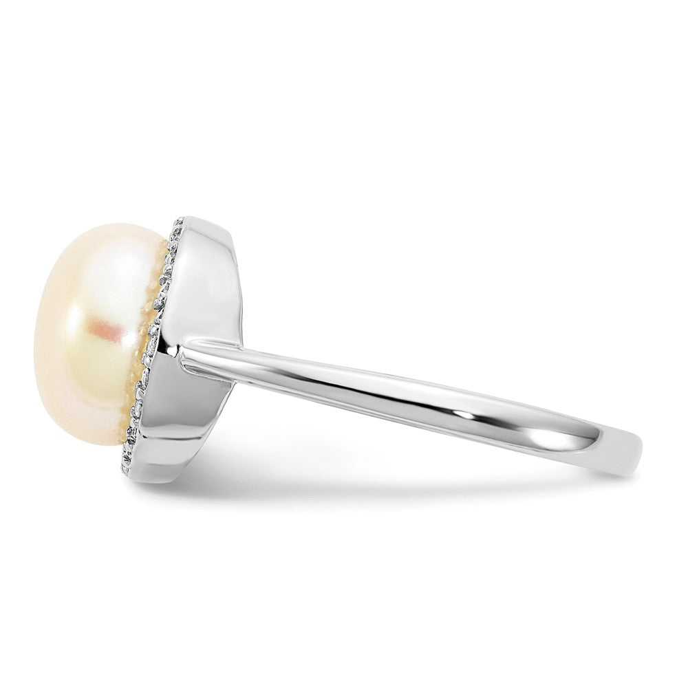 Sterling Silver Rhodium Plated 9 10mm Button White Freshwater Cultured Pearl And Cz Ring
