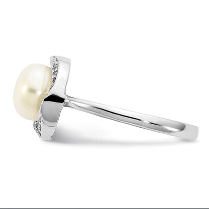 Sterling Silver Rhodium Plated 7 8mm Button White Freshwater Cultured Pearl And Cz Ring