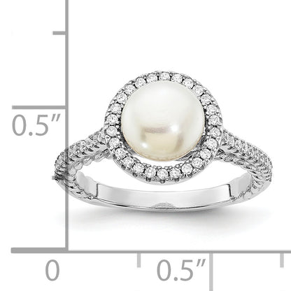 Sterling Silver Rhodium Plated 7 8mm Button White Freshwater Cultured Pearl And Cz Ring