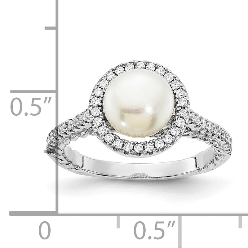 Sterling Silver Rhodium Plated 7 8mm Button White Freshwater Cultured Pearl And Cz Ring