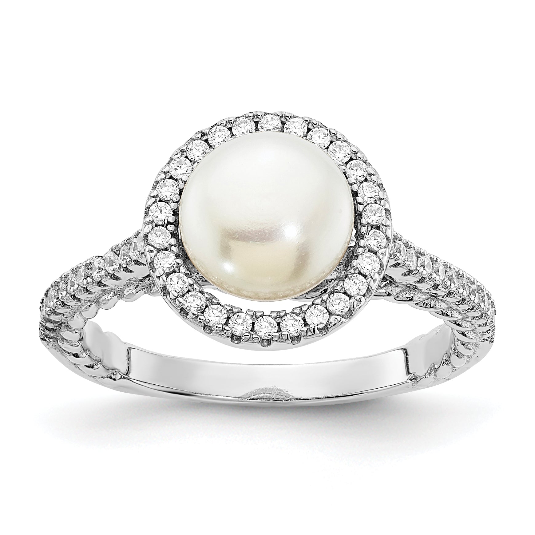 Sterling Silver Rhodium Plated 7 8mm Button White Freshwater Cultured Pearl And Cz Ring