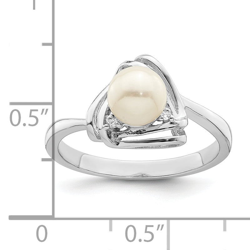 Sterling Silver Rhodium Plated Fwc Pearl And Cz Triangle Ring