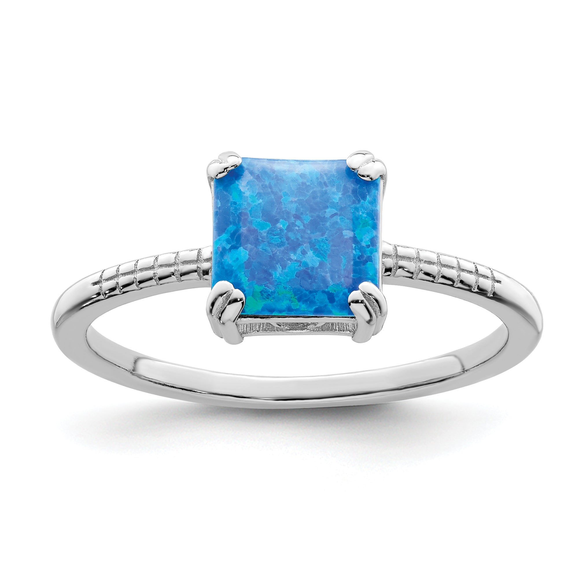 Sterling Silver Rhodium Plated Polished Square Blue Created Opal Ring