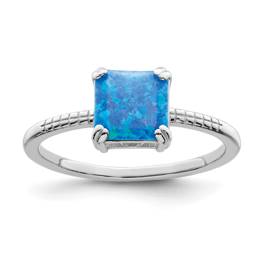 Sterling Silver Rhodium Plated Polished Square Blue Created Opal Ring