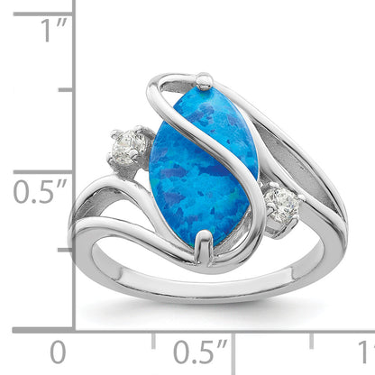 Sterling Silver Rhodium Plated Polished Blue Created Opal & Cz Twist Ring