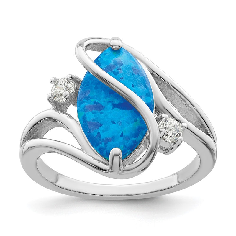 Sterling Silver Rhodium Plated Polished Blue Created Opal & Cz Twist Ring