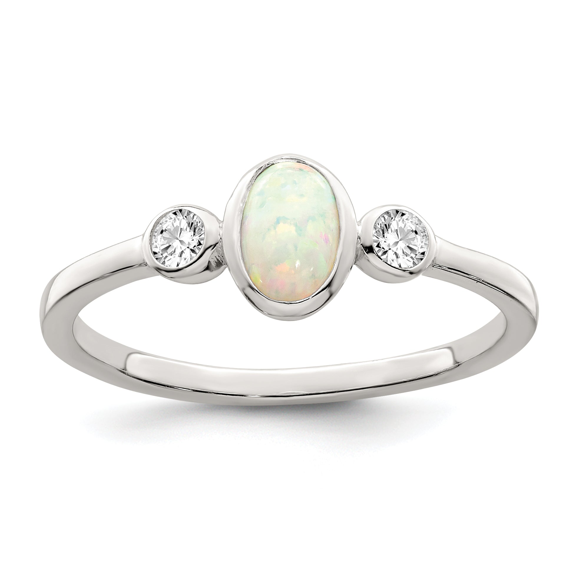 Sterling Silver Polished Cz And White Created Opal Ring