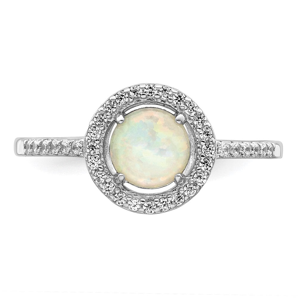 Sterling Silver Rhodium Plated Polished White Created Opal Cz Halo Ring