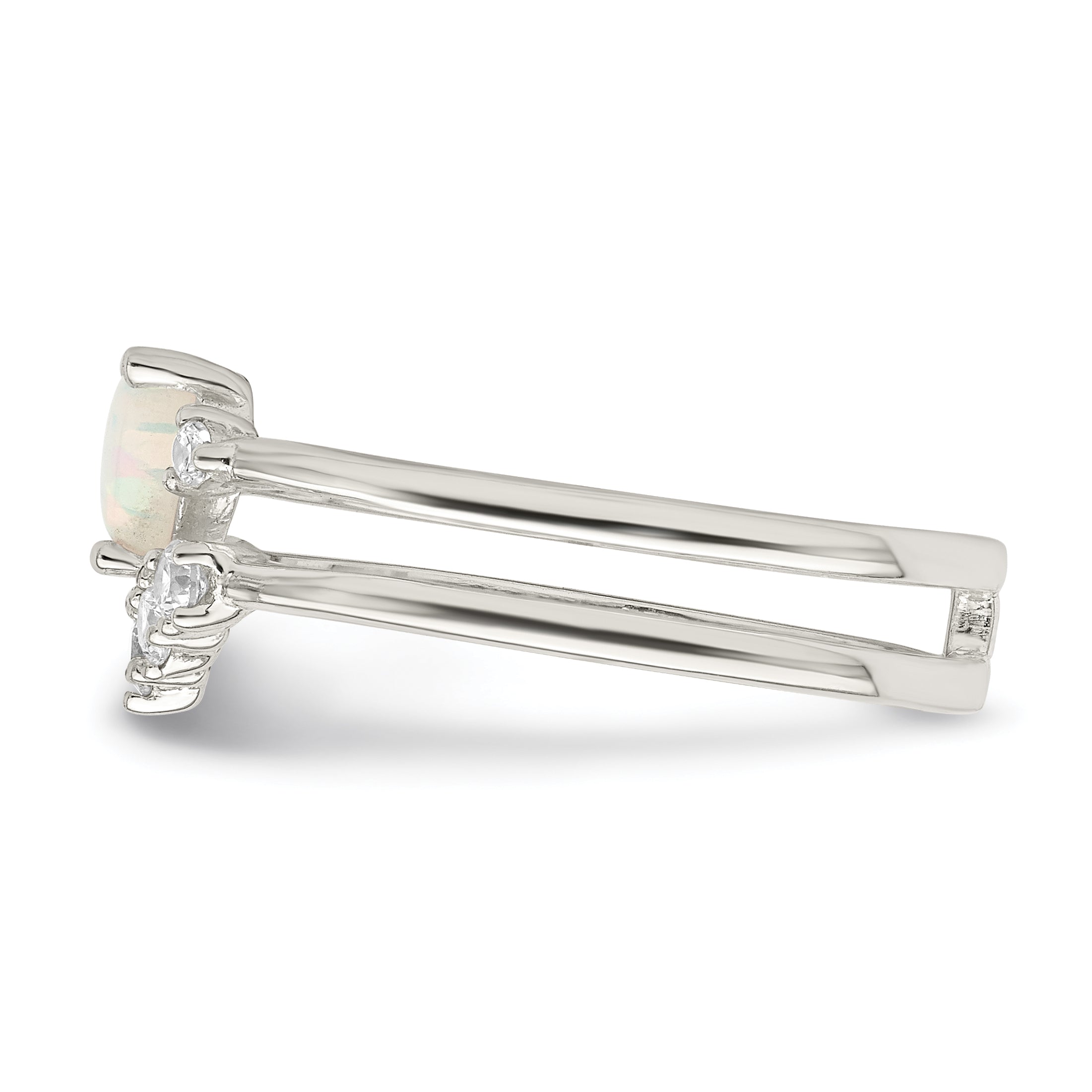 Sterling Silver Cz & Heart Created White Opal Double Band Ring