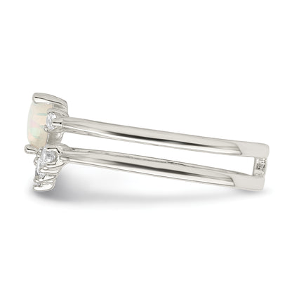 Sterling Silver Cz & Heart Created White Opal Double Band Ring