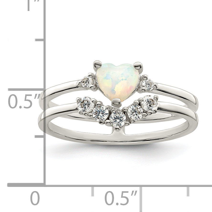 Sterling Silver Cz & Heart Created White Opal Double Band Ring