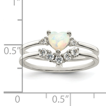 Sterling Silver Cz & Heart Created White Opal Double Band Ring