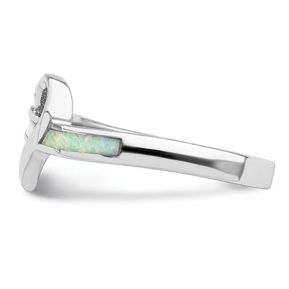 Sterling Silver Rhodium Plated White Created Opal Inlay Heart Ring