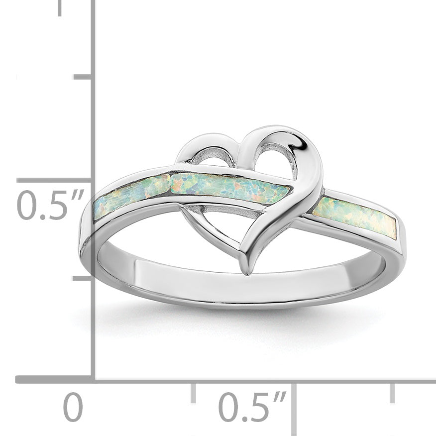 Sterling Silver Rhodium Plated White Created Opal Inlay Heart Ring