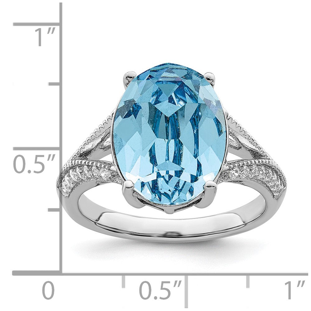 Sterling Silver Rhodium Plated Polished Cz And Blue Crystal Ring