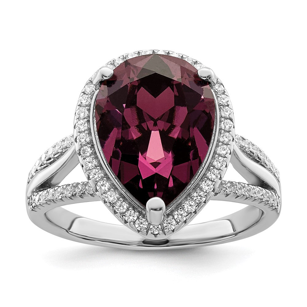 Sterling Silver Rhodium Plated Cz & Dk Purple Crystal Ring