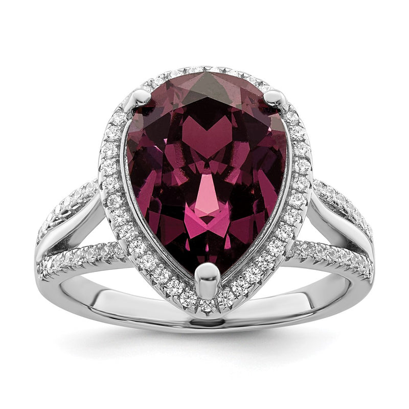 Sterling Silver Rhodium Plated Cz & Dk Purple Crystal Ring