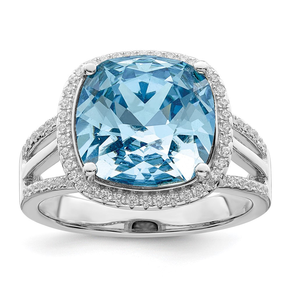 Sterling Silver Rhodium Plated Polished Cz And Blue Crystal Ring (Size 7 Only)