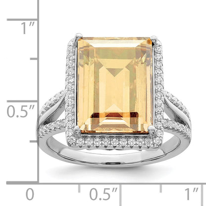 Sterling Silver Rhodium Plated Polished Cz & Yellow Crystal Ring