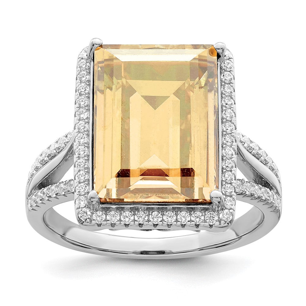 Sterling Silver Rhodium Plated Polished Cz & Yellow Crystal Ring