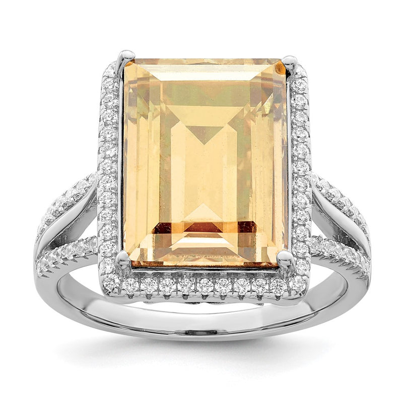 Sterling Silver Rhodium Plated Polished Cz & Yellow Crystal Ring