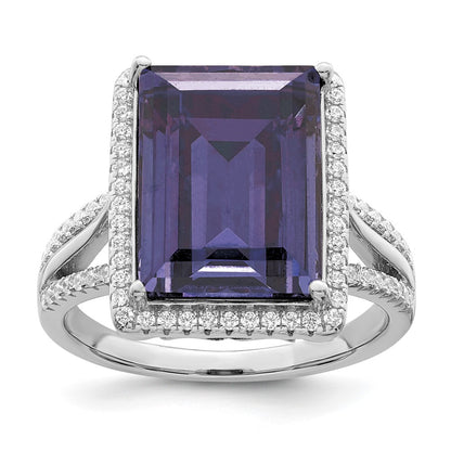 Sterling Silver Rhodium Plated Polished Cz & Blue Crystal Ring