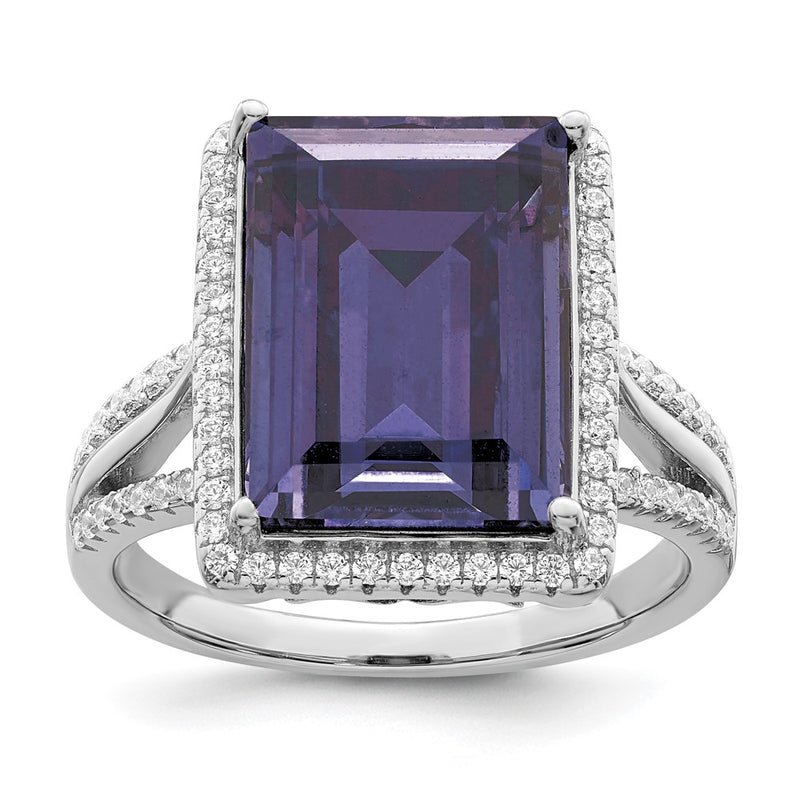 Sterling Silver Rhodium Plated Polished Cz & Blue Crystal Ring