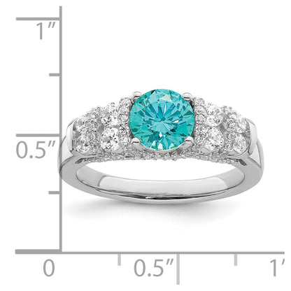 Sterling Silver Rhodium Plated Blue Crystal & Cz Ring