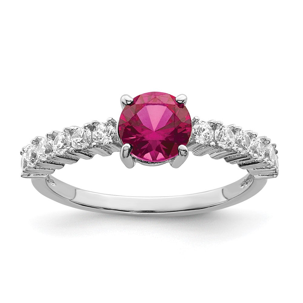 Sterling Silver Polished Rhodium Plated Created Ruby And Cz Ring (Size 8 Only)