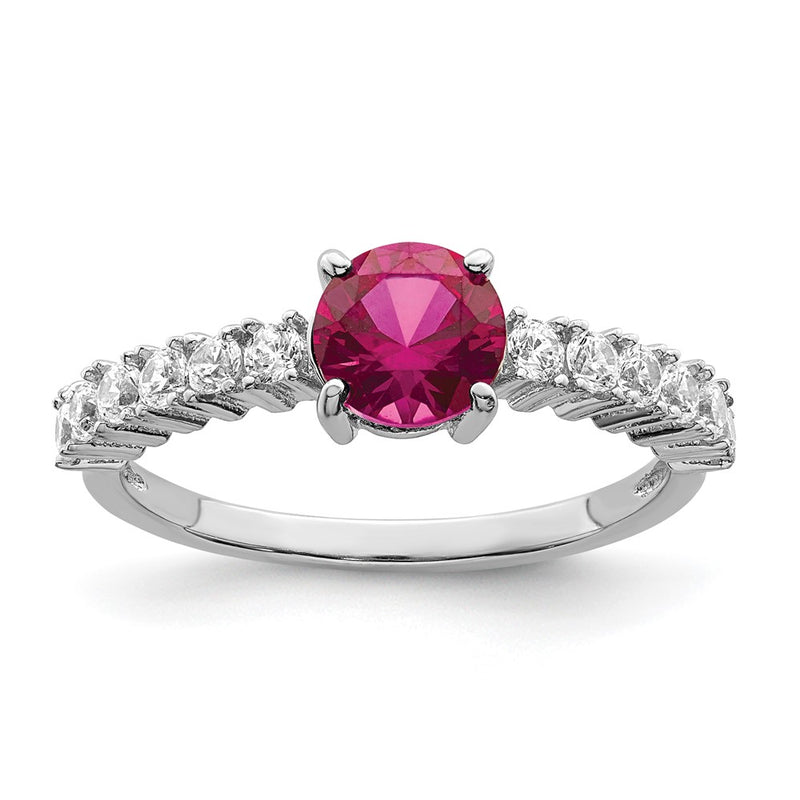 Sterling Silver Polished Rhodium Plated Created Ruby And Cz Ring (Size 8 Only)